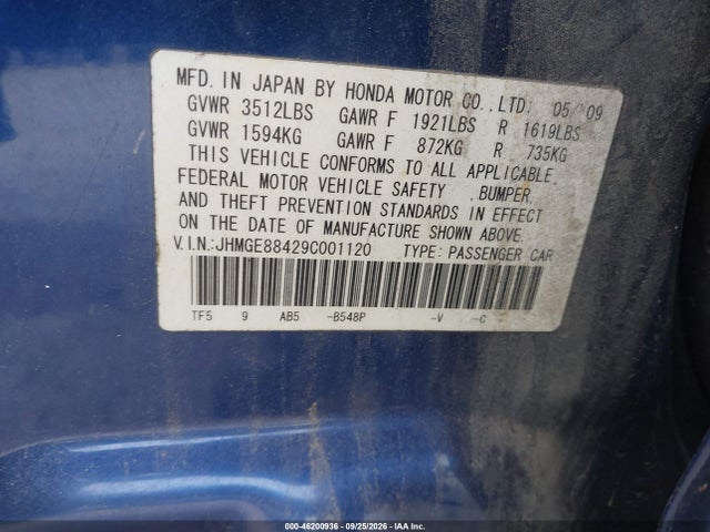 2009 Honda Fit Sport მანქანა იყიდება აუქციონზე, vin: JHMGE88429C001120, აუქციონის ნომერი: 46200936