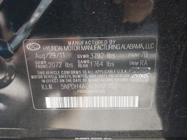 Продажа на аукционе авто 2012 Hyundai Elantra Limited, vin: 5NPDH4AE6CH101952, номер лота: 46200979