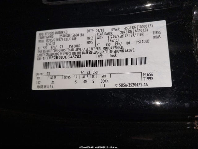 46200991 :رقم المزاد ، 1FTBF2B68JEC48702 vin ، 2018 Ford F-250 Xl مزاد بيع