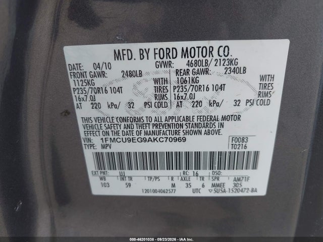 46201038 :رقم المزاد ، 1FMCU9EG9AKC70969 vin ، 2010 Ford Escape Limited مزاد بيع