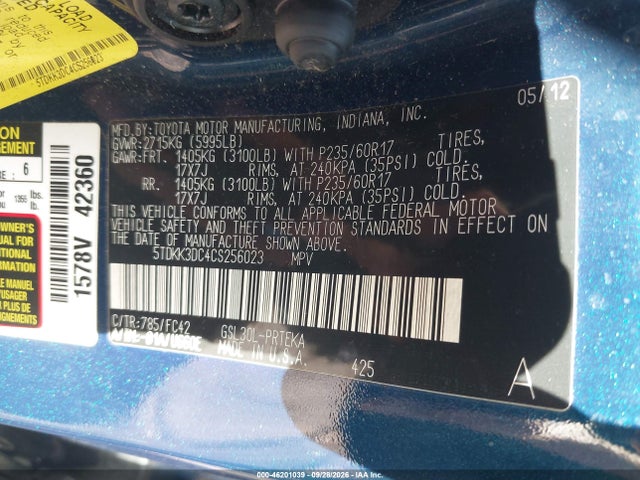 Продаж на аукціоні авто 2012 Toyota Sienna Le V6 8 Passenger, vin: 5TDKK3DC4CS256023, номер лоту: 46201039