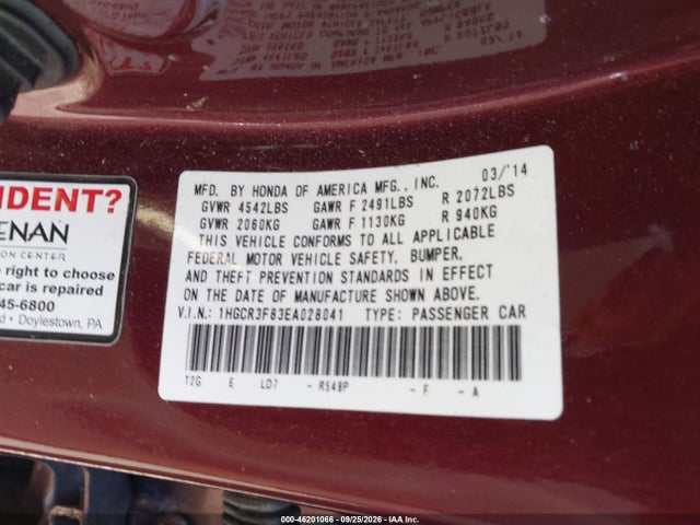 46201066 :رقم المزاد ، 1HGCR3F83EA028041 vin ، 2014 Honda Accord Ex-l مزاد بيع