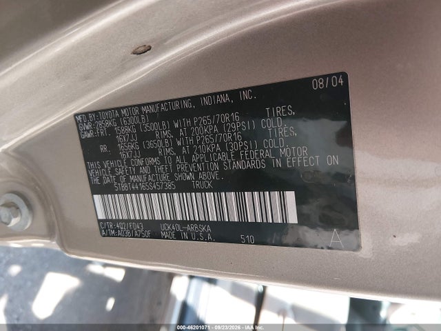 Продажа на аукционе авто 2005 Toyota Tundra Sr5 V8, vin: 5TBBT44165S457385, номер лота: 46201071