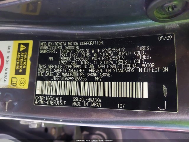 Aukcja sprzedaży 2009 Toyota Highlander Sport, vin: JTEES43A292136655, numer aukcji: 46201072