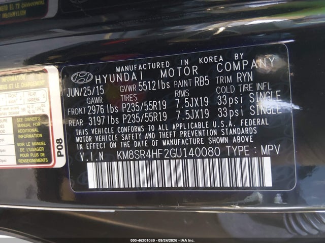 46201089 :رقم المزاد ، KM8SR4HF2GU140080 vin ، 2016 Hyundai Santa Fe Se مزاد بيع