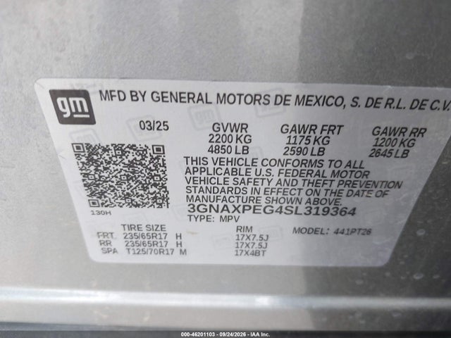 2025 Chevrolet Equinox Awd Lt მანქანა იყიდება აუქციონზე, vin: 3GNAXPEG4SL319364, აუქციონის ნომერი: 46201103