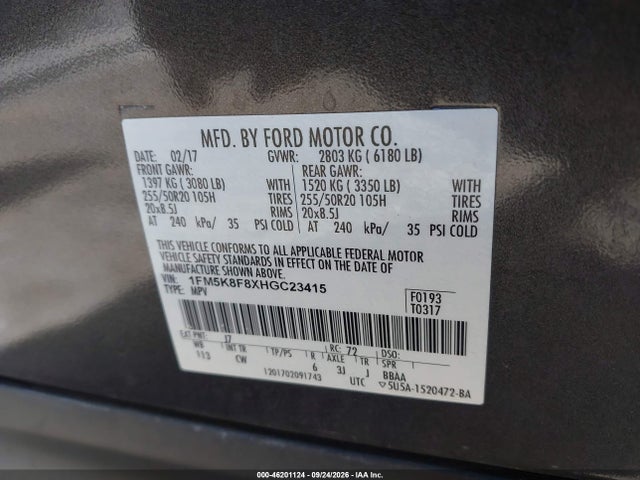 46201124 :رقم المزاد ، 1FM5K8F8XHGC23415 vin ، 2017 Ford Explorer Limited مزاد بيع