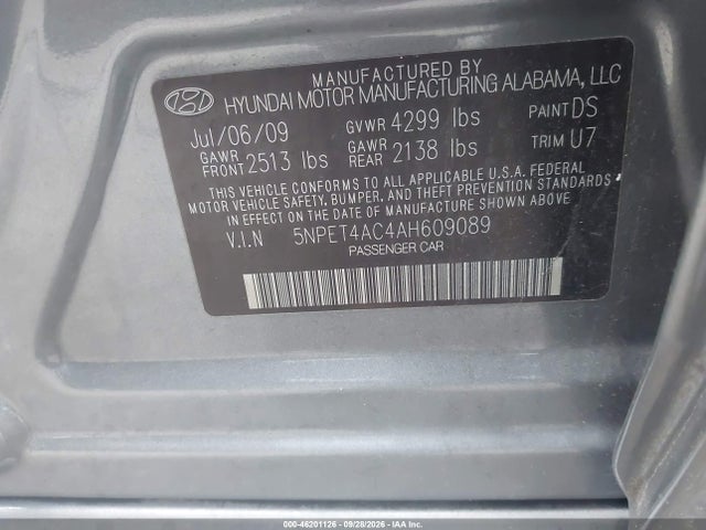 2010 Hyundai Sonata Gls მანქანა იყიდება აუქციონზე, vin: 5NPET4AC4AH609089, აუქციონის ნომერი: 46201126