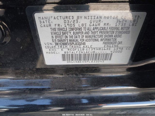 2023 Nissan Versa 1.6 Sv Xtronic Cvt მანქანა იყიდება აუქციონზე, vin: 3N1CN8EV5PL833245, აუქციონის ნომერი: 46201132