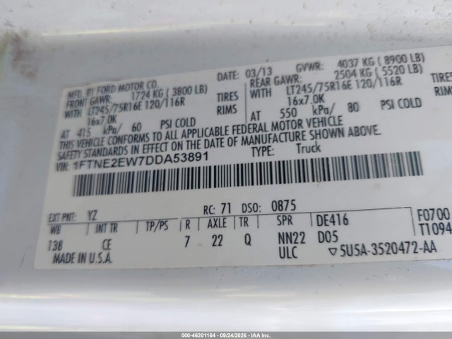 Aukcja sprzedaży 2013 Ford E-250 Commercial, vin: 1FTNE2EW7DDA53891, numer aukcji: 46201164