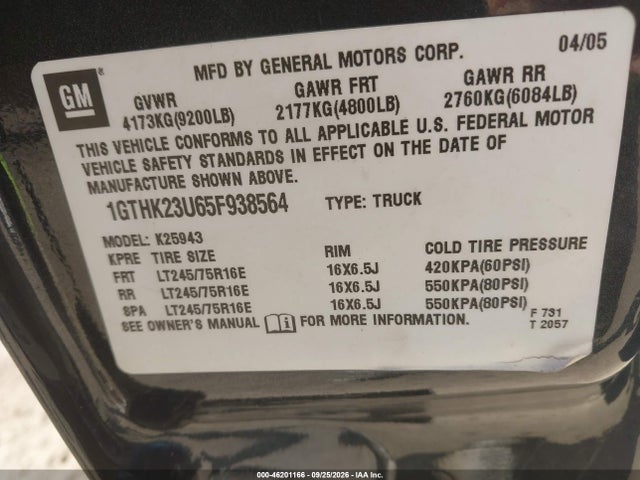 46201166 :رقم المزاد ، 1GTHK23U65F938564 vin ، 2005 Gmc Sierra 2500hd Sle مزاد بيع