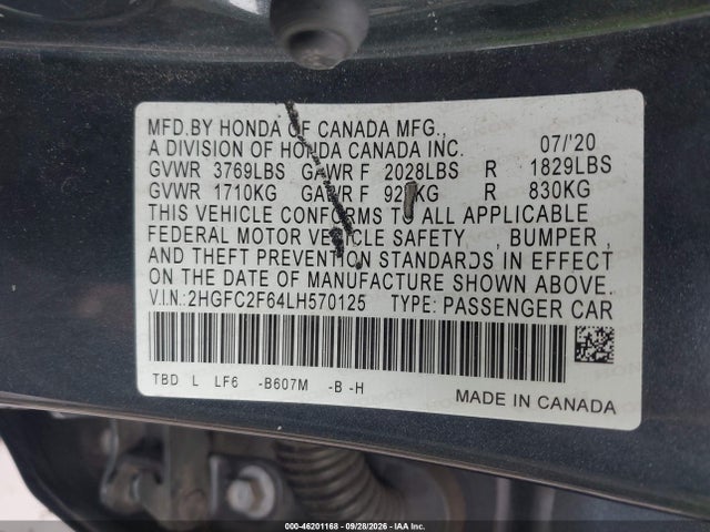 2020 Honda Civic Lx მანქანა იყიდება აუქციონზე, vin: 2HGFC2F64LH570125, აუქციონის ნომერი: 46201168