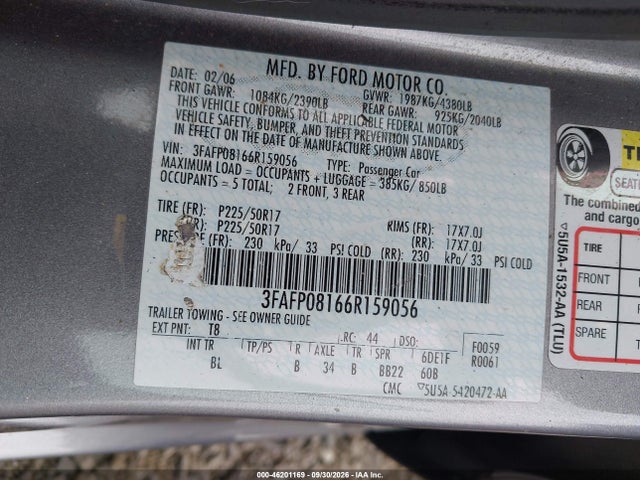 Продаж на аукціоні авто 2006 Ford Fusion Sel, vin: 3FAFP08166R159056, номер лоту: 46201169