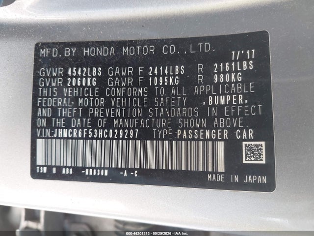 2017 Honda Accord Hybrid Ex-l მანქანა იყიდება აუქციონზე, vin: JHMCR6F53HC029297, აუქციონის ნომერი: 46201213