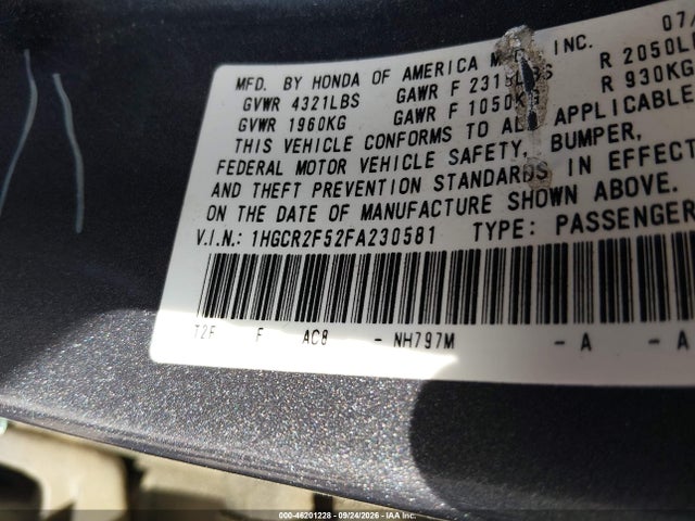 2015 Honda Accord Sport მანქანა იყიდება აუქციონზე, vin: 1HGCR2F52FA230581, აუქციონის ნომერი: 46201228