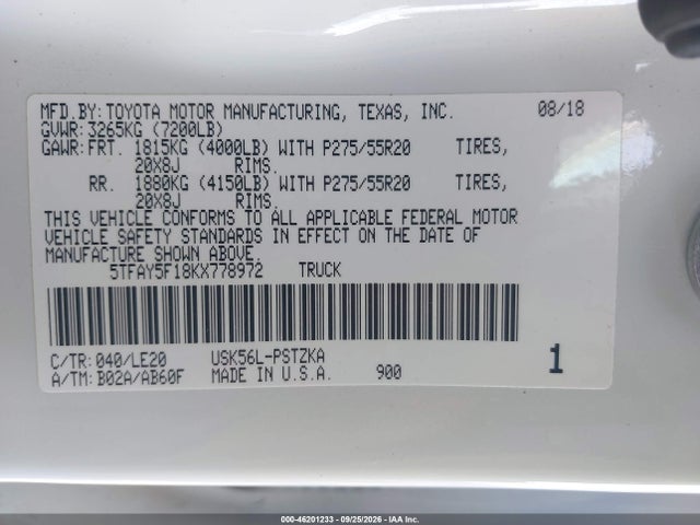 2019 Toyota Tundra Platinum 5.7l V8 მანქანა იყიდება აუქციონზე, vin: 5TFAY5F18KX778972, აუქციონის ნომერი: 46201233
