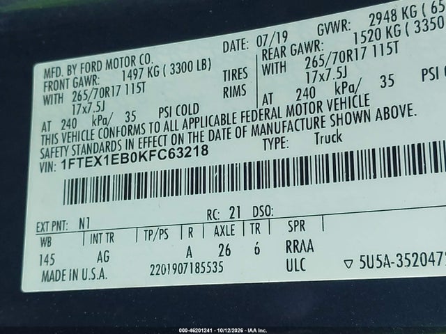 Продажа на аукционе авто 2019 Ford F-150 Xl, vin: 1FTEX1EB0KFC63218, номер лота: 46201241