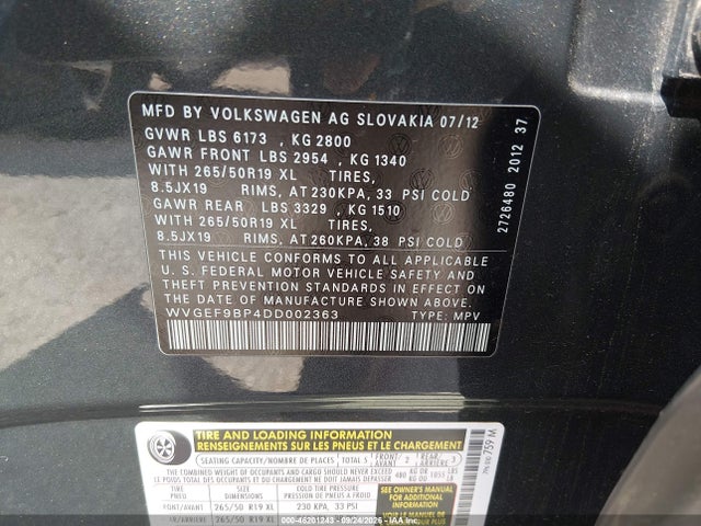 Продаж на аукціоні авто 2013 Volkswagen Touareg Lux, vin: WVGEF9BP4DD002363, номер лоту: 46201243