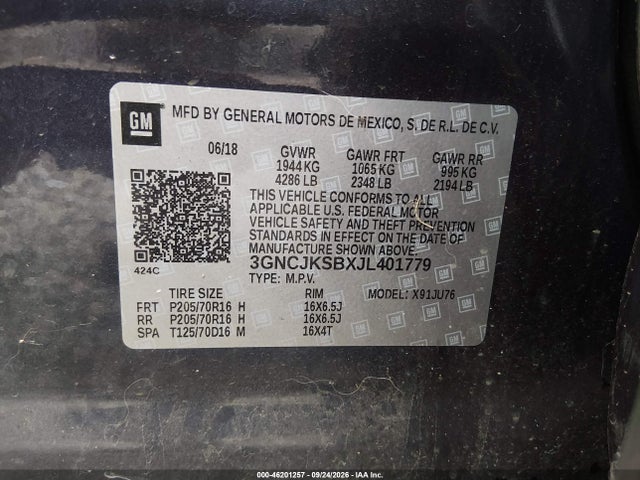 46201257 :رقم المزاد ، 3GNCJKSBXJL401779 vin ، 2018 Chevrolet Trax Ls مزاد بيع