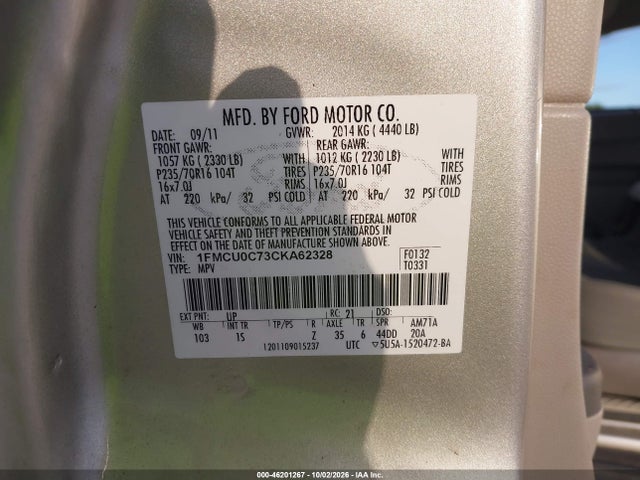 46201267 :رقم المزاد ، 1FMCU0C73CKA62328 vin ، 2012 Ford Escape Xls مزاد بيع