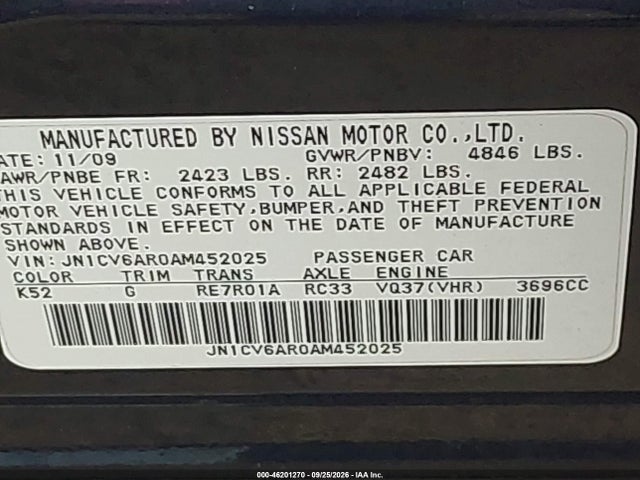 46201270 :رقم المزاد ، JN1CV6AR0AM452025 vin ، 2010 Infiniti G37x مزاد بيع