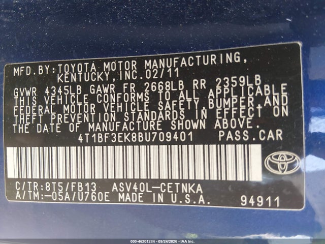 46201284 :رقم المزاد ، 4T1BF3EK8BU709401 vin ، 2011 Toyota Camry Le مزاد بيع