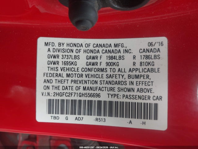 2016 Honda Civic Ex მანქანა იყიდება აუქციონზე, vin: 2HGFC2F71GH556696, აუქციონის ნომერი: 46201297