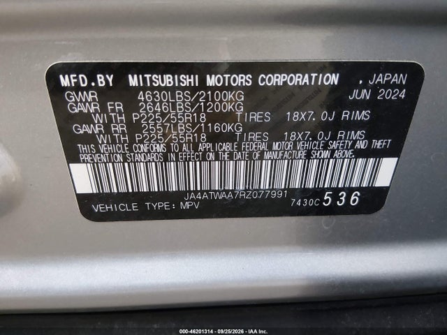 Aukcja sprzedaży 2024 Mitsubishi Eclipse Cross Se S-awc/sel S-awc, vin: JA4ATWAA7RZ077991, numer aukcji: 46201314