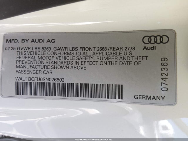 46201318 :رقم المزاد ، WAU1BCFU6SN026602 vin ، 2025 Audi All-new A5 Premium Tfsi Quattro S Tronic مزاد بيع