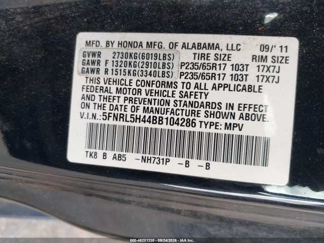 46201330 :رقم المزاد ، 5FNRL5H44BB104286 vin ، 2011 Honda Odyssey Ex مزاد بيع