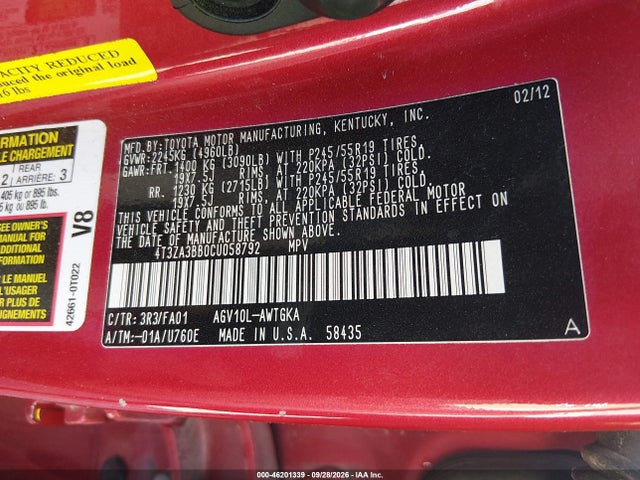 Aukcja sprzedaży 2012 Toyota Venza Le, vin: 4T3ZA3BB0CU058792, numer aukcji: 46201339