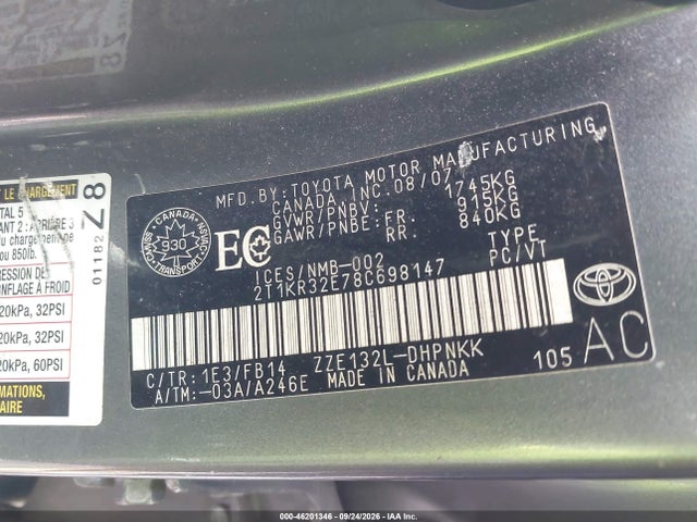 Продажа на аукционе авто 2008 Toyota Matrix Xr, vin: 2T1KR32E78C698147, номер лота: 46201346