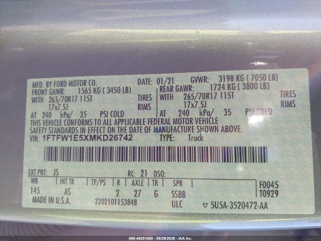 2021 Ford F-150 Xl მანქანა იყიდება აუქციონზე, vin: 1FTFW1E5XMKD26742, აუქციონის ნომერი: 46201400
