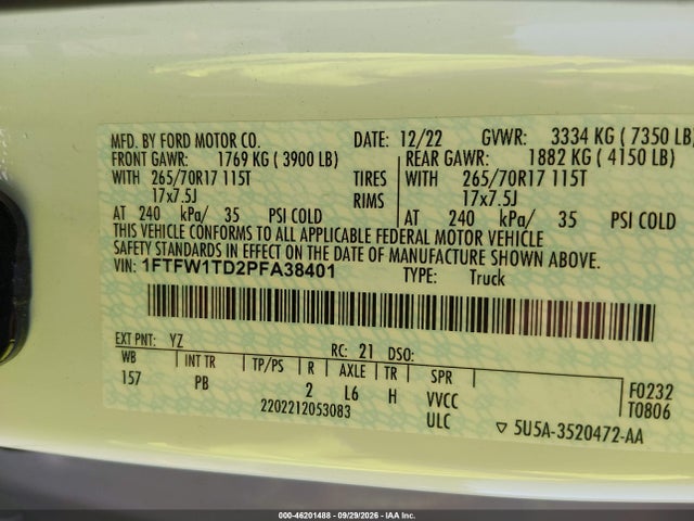2023 Ford F-150 Ssv მანქანა იყიდება აუქციონზე, vin: 1FTFW1TD2PFA38401, აუქციონის ნომერი: 46201488