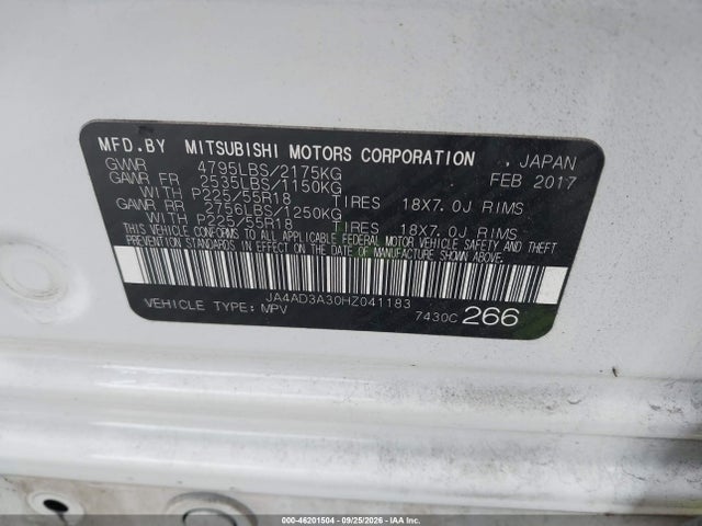 Aukcja sprzedaży 2017 Mitsubishi Outlander Se/sel, vin: JA4AD3A30HZ041183, numer aukcji: 46201504