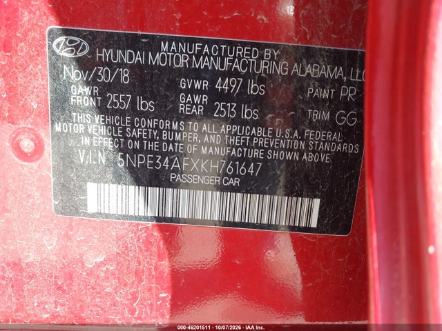 Aukcja sprzedaży 2019 Hyundai Sonata Limited, vin: 5NPE34AFXKH761647, numer aukcji: 46201511