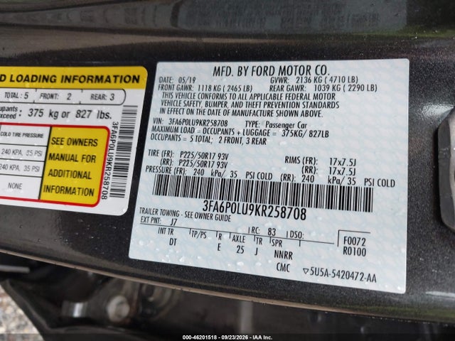 46201518 :رقم المزاد ، 3FA6P0LU9KR258708 vin ، 2019 Ford Fusion Hybrid Se مزاد بيع