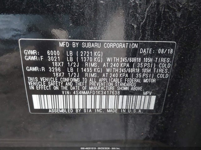Продажа на аукционе авто 2019 Subaru Ascent Premium, vin: 4S4WMAFD1K3417638, номер лота: 46201519