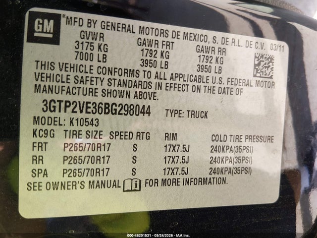 Продаж на аукціоні авто 2011 Gmc Sierra 1500 Sle, vin: 3GTP2VE36BG298044, номер лоту: 46201531