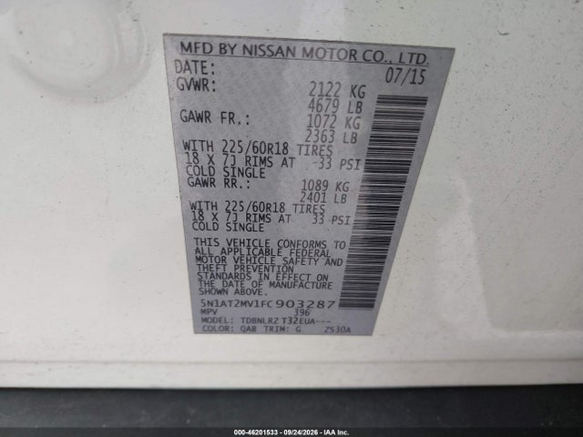 46201533 :رقم المزاد ، 5N1AT2MV1FC903287 vin ، 2015 Nissan Rogue Sl مزاد بيع