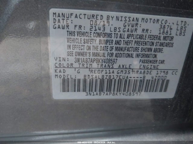 2019 Nissan Sentra S მანქანა იყიდება აუქციონზე, vin: 3N1AB7AP8KY408597, აუქციონის ნომერი: 46201538