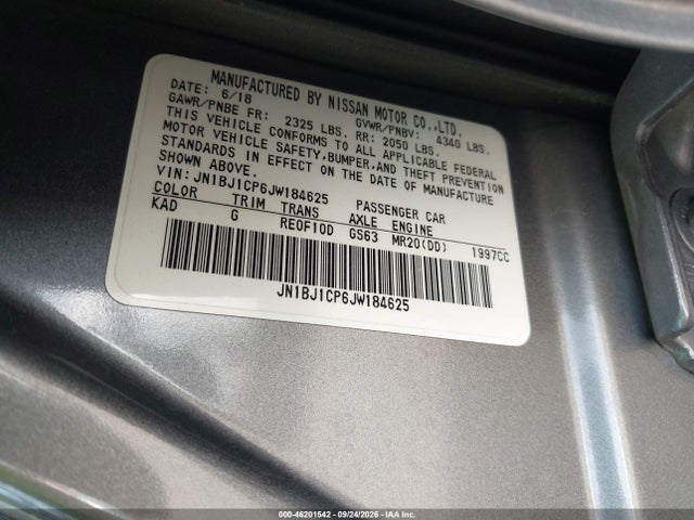 46201542 :رقم المزاد ، JN1BJ1CP6JW184625 vin ، 2018 Nissan Rogue Sport Sv مزاد بيع