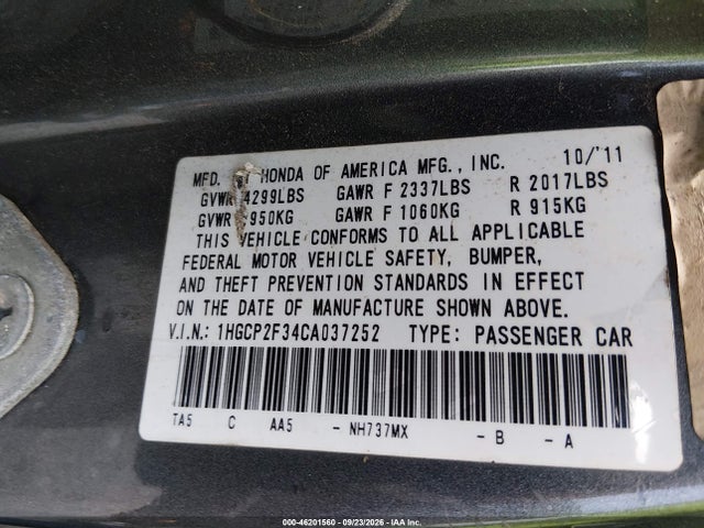 Продаж на аукціоні авто 2012 Honda Accord Sdn Lx, vin: 1HGCP2F34CA037252, номер лоту: 46201560