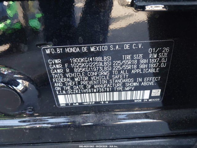 Продажа на аукционе авто 2026 Honda Hr-v 2wd Sport, vin: 3CZRZ1H58TM736781, номер лота: 46201563