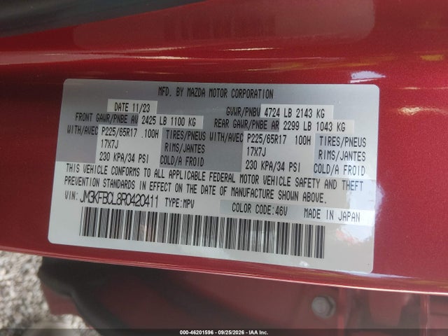 Продаж на аукціоні авто 2024 Mazda Cx-5 2.5 S Preferred, vin: JM3KFBCL8R0420411, номер лоту: 46201596