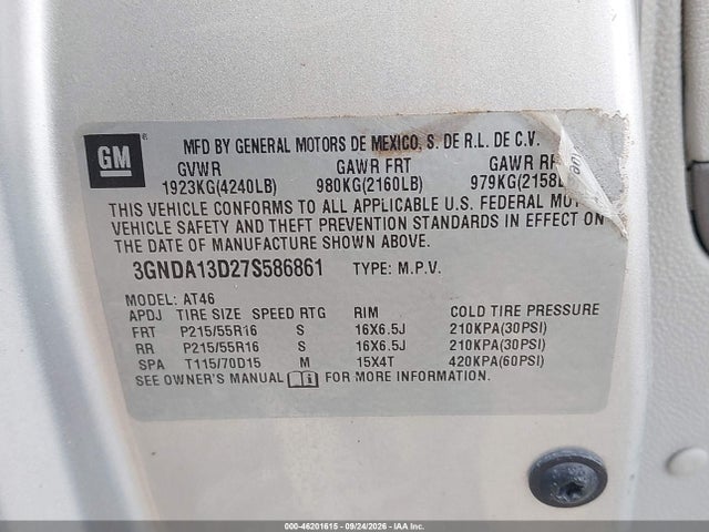 Продаж на аукціоні авто 2007 Chevrolet Hhr Ls, vin: 3GNDA13D27S586861, номер лоту: 46201615