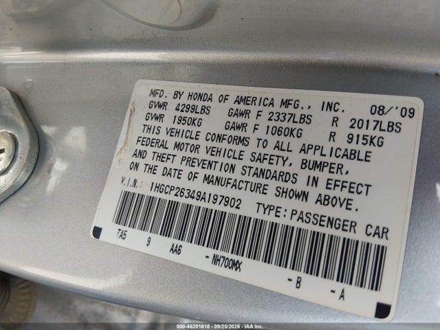 Продаж на аукціоні авто 2009 Honda Accord Sdn Lx, vin: 1HGCP26349A197902, номер лоту: 46201618