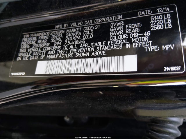 2015 Volvo Xc60 T5 Premier მანქანა იყიდება აუქციონზე, vin: YV440MDKXF2705984, აუქციონის ნომერი: 46201657