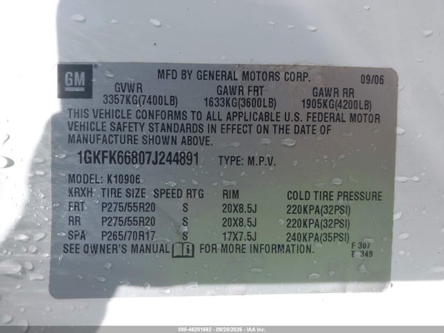 46201662 :رقم المزاد ، 1GKFK66807J244891 vin ، 2007 Gmc Yukon Xl 1500 Denali مزاد بيع