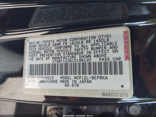 Aukcja sprzedaży 2001 Toyota Echo, vin: JTDBT123610188120, numer aukcji: 46201682